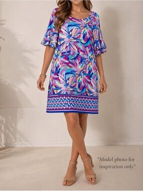 Pappagallo Dress S Multicolor Floral Ruffle Sleeve Shift Summer Casual